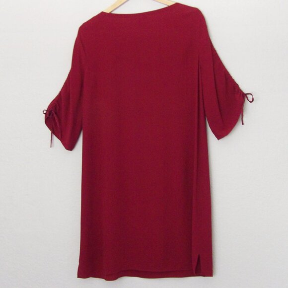 Eileen Fisher 100% Silk Ruched Sleeve Shift Dress In Dark Tulip S Burgundy $378 - Picture 7 of 15